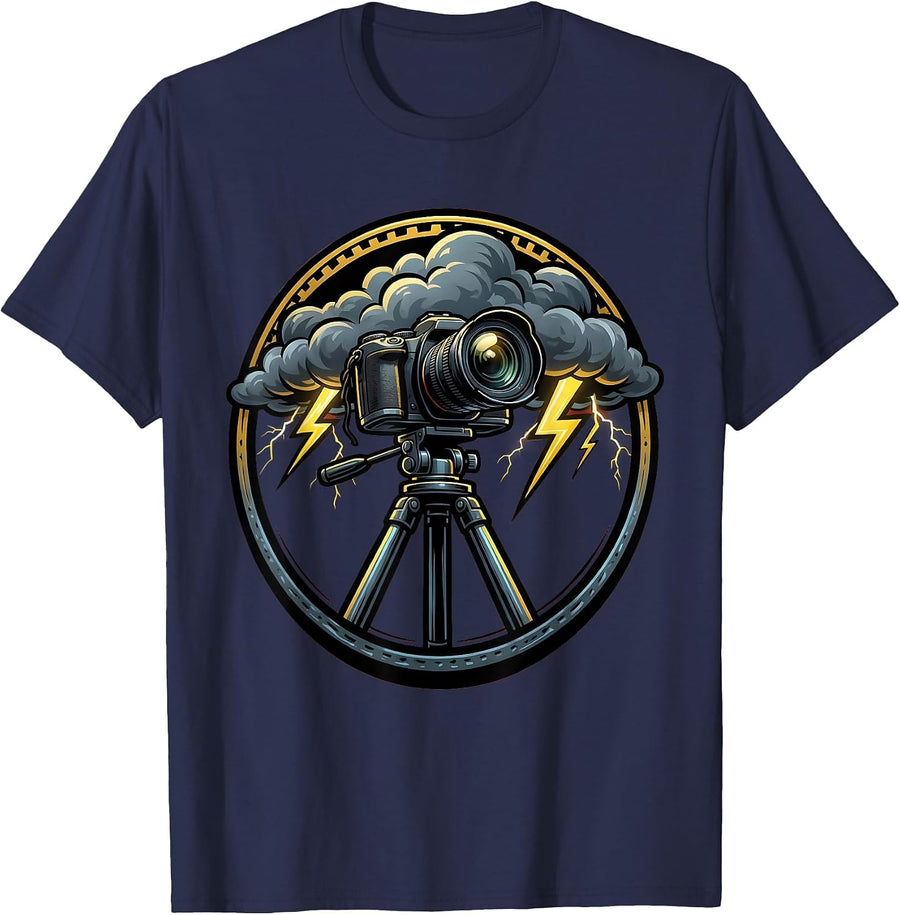 Camera Tripod Stormy Sky Photography Art T-Shirt - Navy Blue