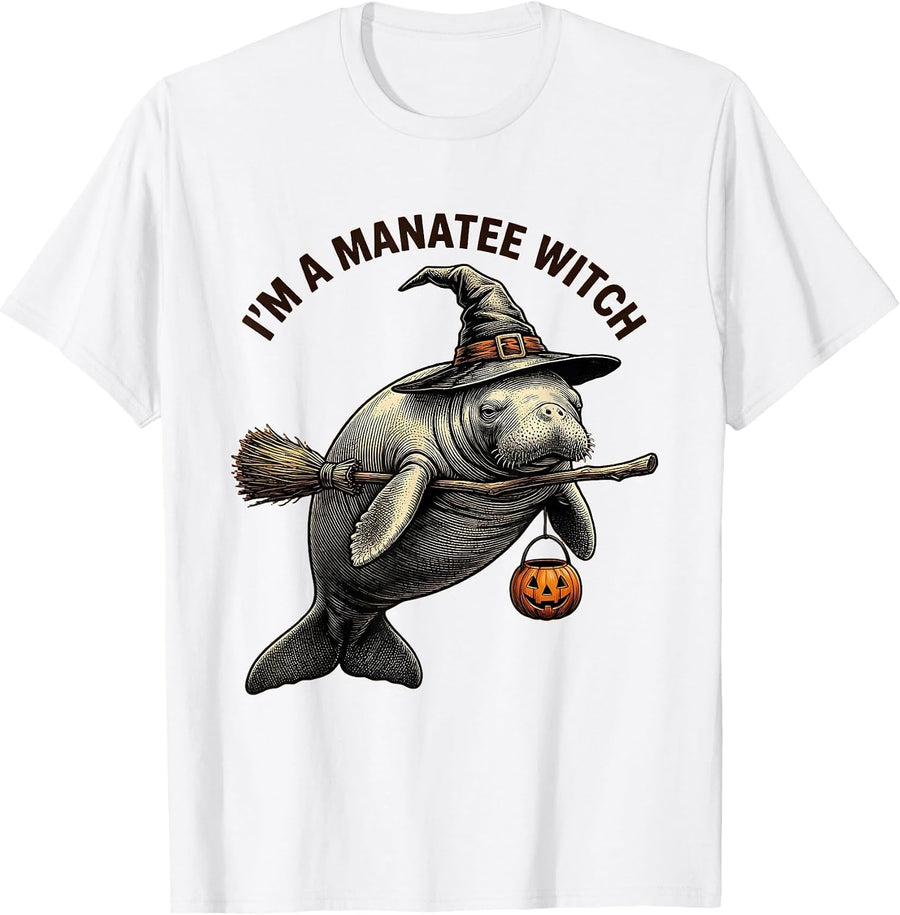 Men's I'm A Manatee Witch Crosshatch Etching Halloween Costume Men T-Shirt - White