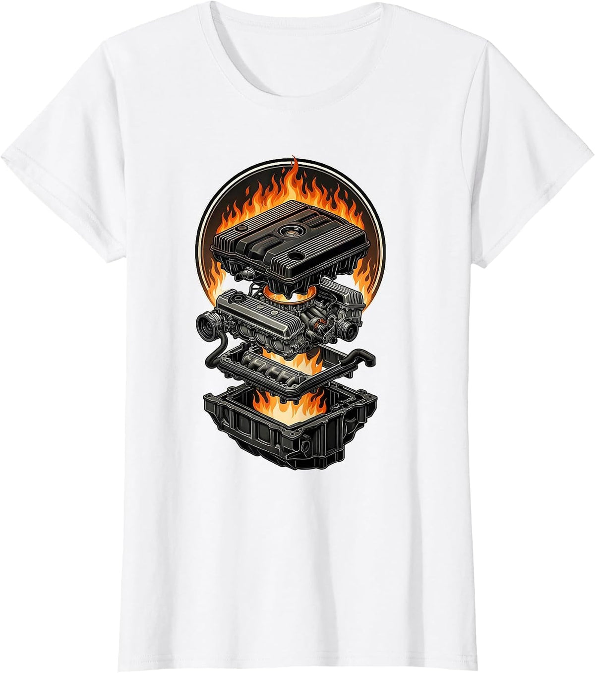 Flaming Car Engine Graphic Tee T-Shirt - White