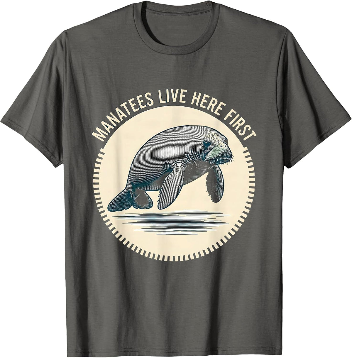 Manatees Live Here First Vintage Florida Gulf Coast Wildlife T-Shirt - Asphalt Grey