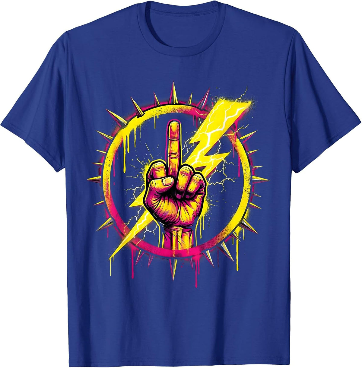 Men's Middle Finger Lightning Bolt Graphic Design T-Shirt - Royal Blue