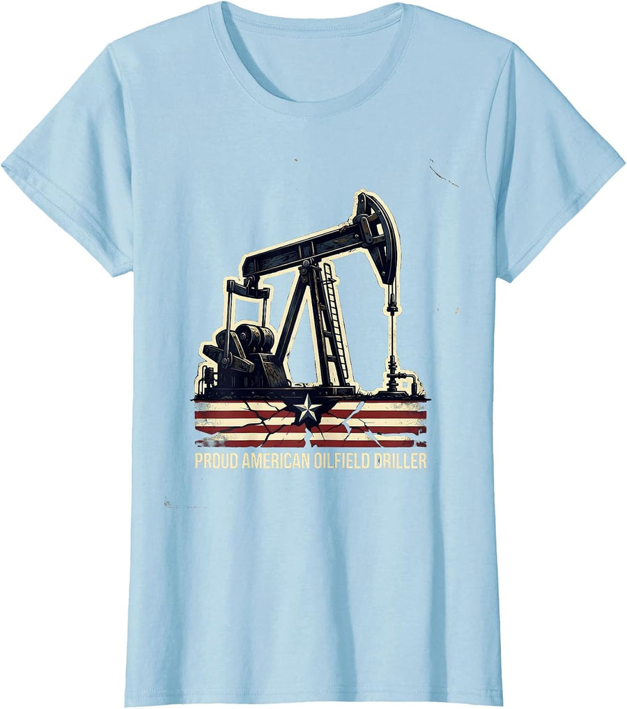 Women's Proud American Oilfield Driller Distressed Oil Rig Worker T-Shirt - Baby Blue