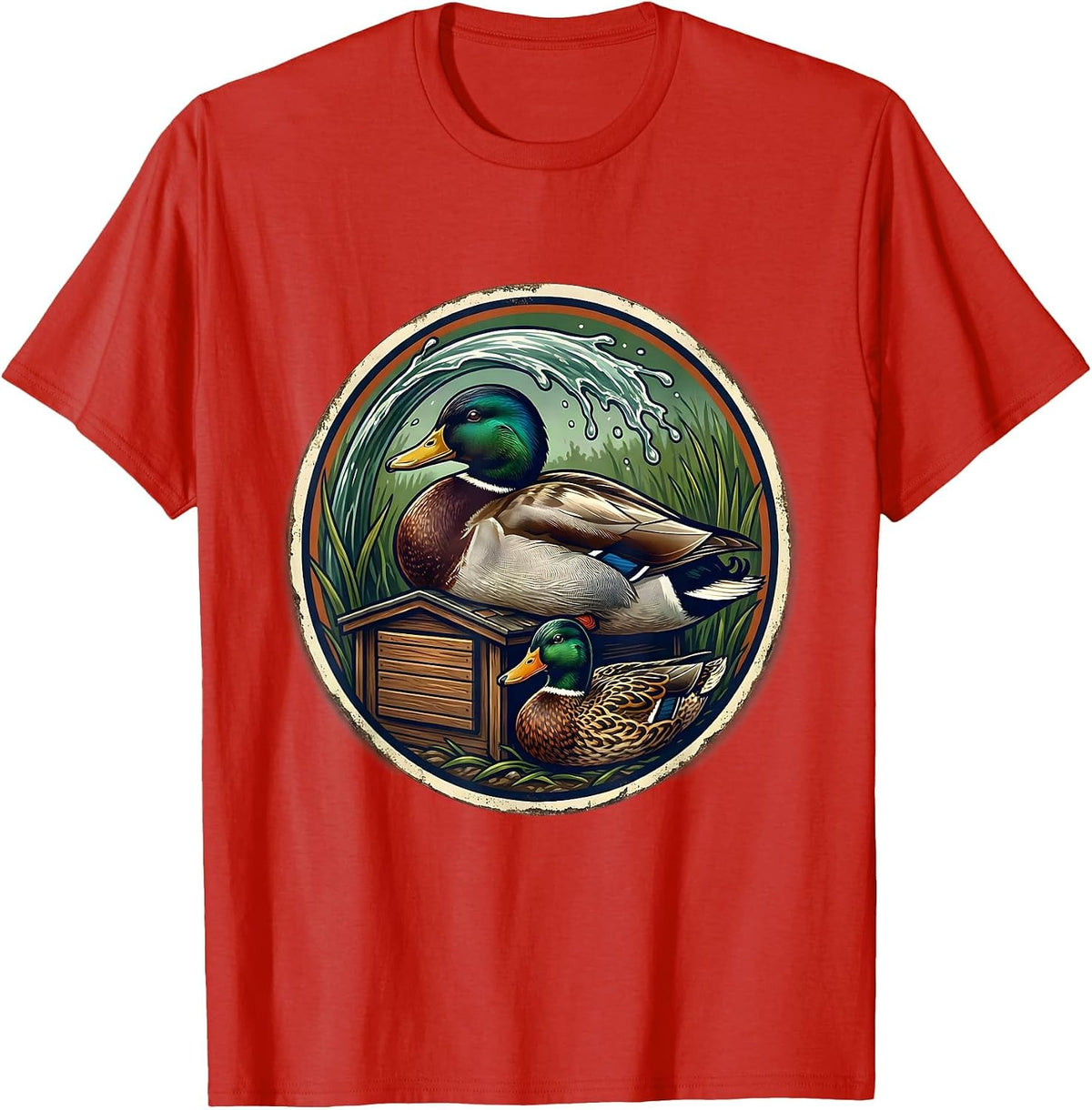 Men's Vintage Mallard Duck Hunting Badge Dad Gift T-Shirt - Red
