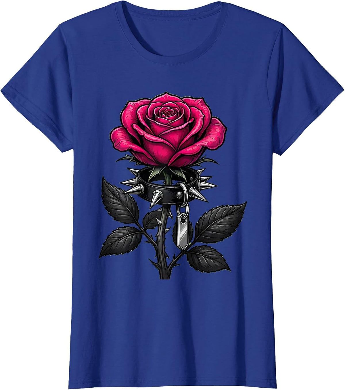 Women's Spiked Collar Rose Stem Brat Graphic Design T-Shirt - Royal Blue