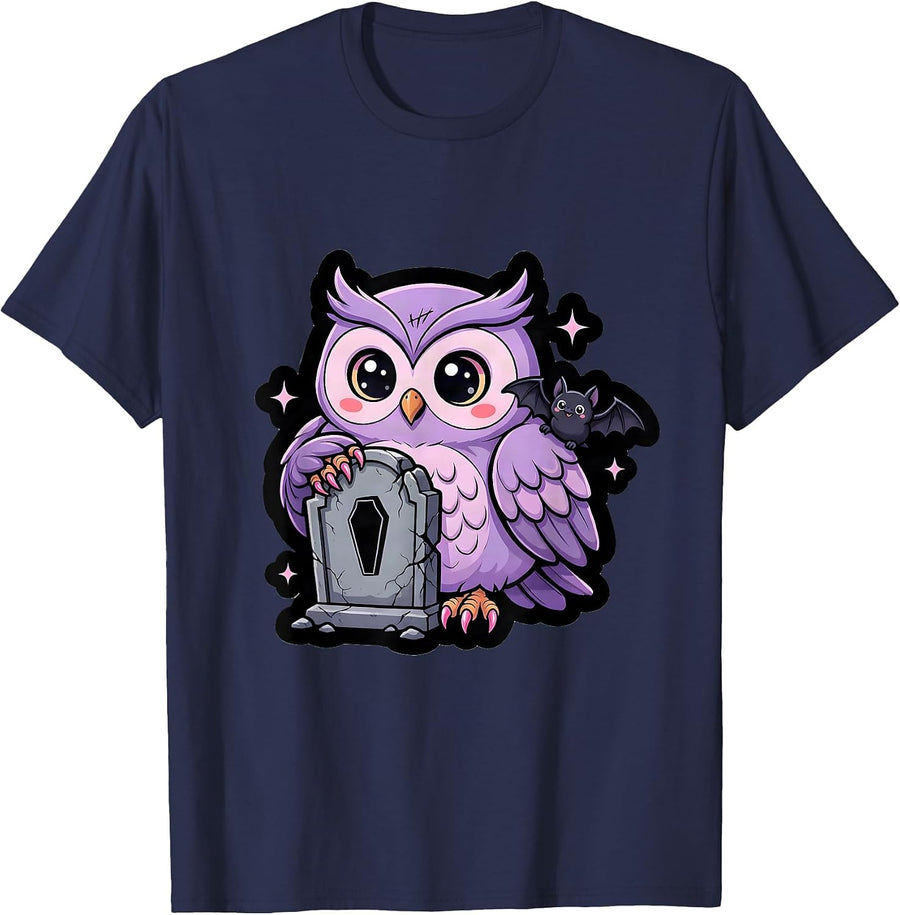 Gothic Owl on Crumbling Tombstone Illustration T-Shirt - Navy Blue