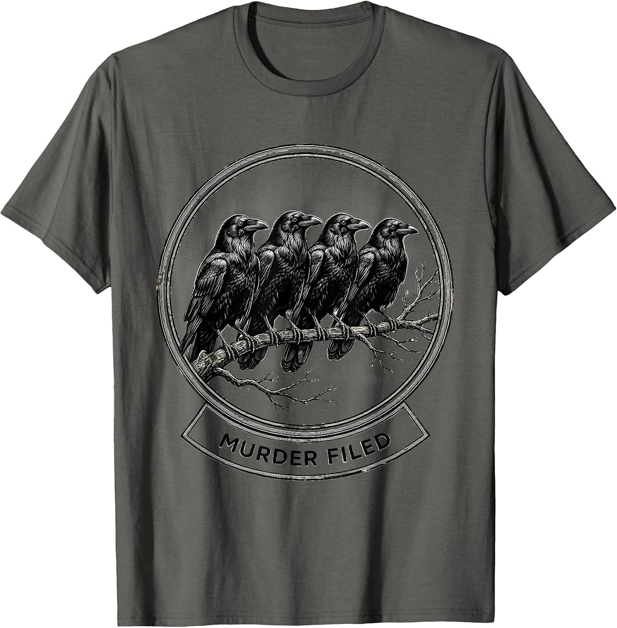 MURDER FILED Dark Humor Crow Raven Bird Lover Gothic T-Shirt - Asphalt Grey