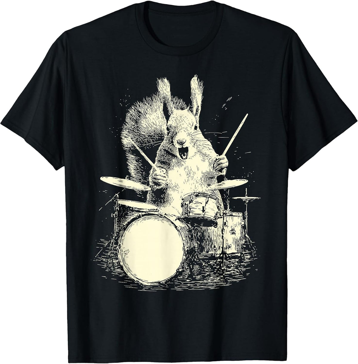 Squirrel Playing Drums Funny Music Animal Drummer Graphic T-Shirt - Black