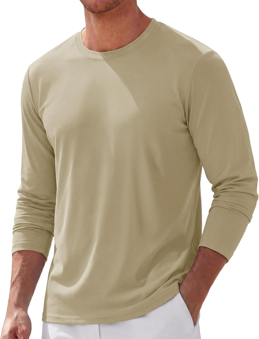TACVASEN Men's Long Sleeve Cotton T-Shirt Crew Neck Moisture Wicking Basic Tee for Daily Wear - #15-khaki