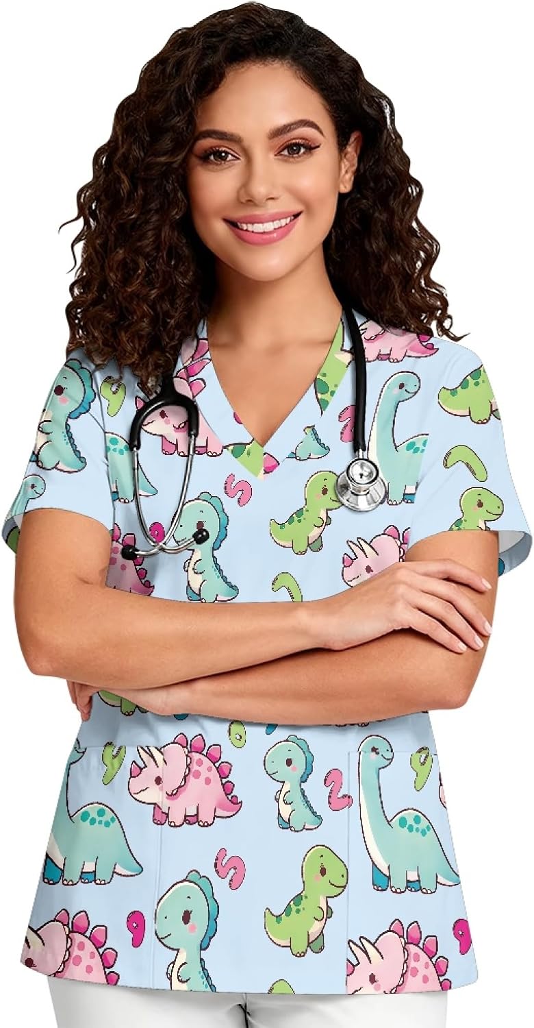 Scrubs Tops Print V Neck Short Sleeve Nurse Nursing Stretchy Hospital Cute Scrubs Tops Funny Nurse Shirt - Apple Pink