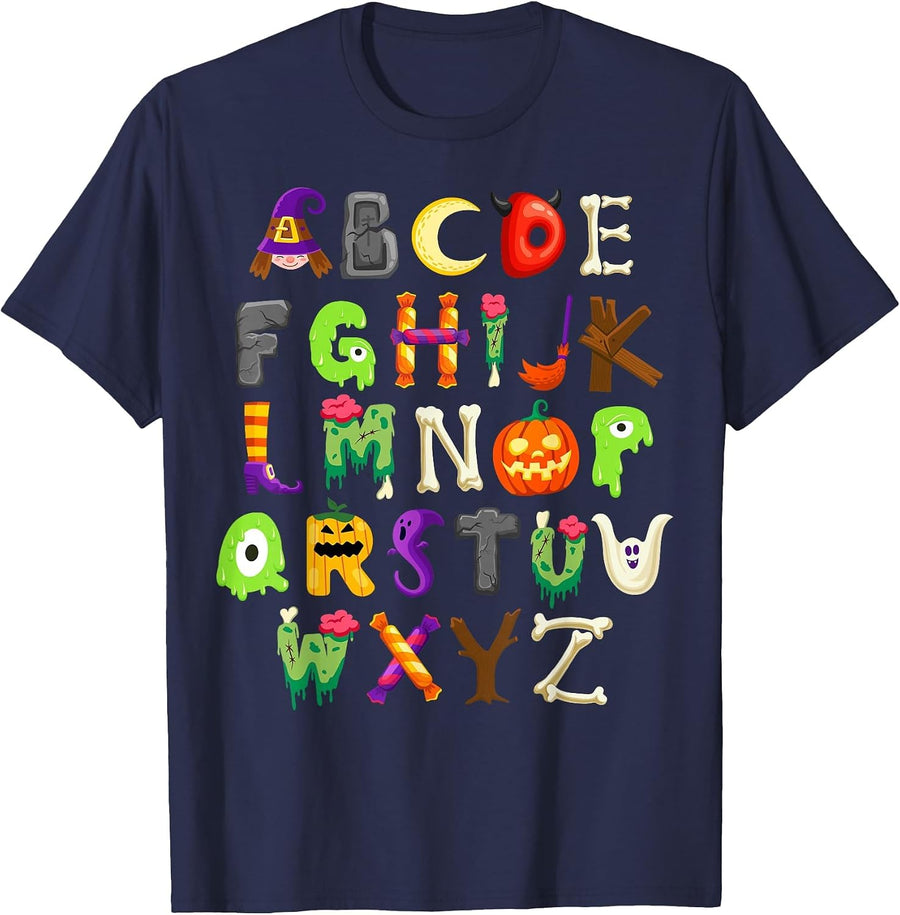 ABCs Learning Kindergarten Teacher Funny Halloween Alphabet T-Shirt - Navy Blue