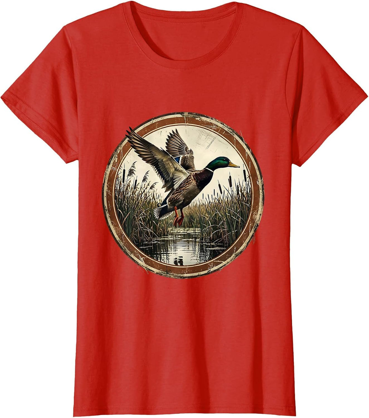 Duck Flying Over Marsh Reeds Hunting Graphic T-Shirt - Red