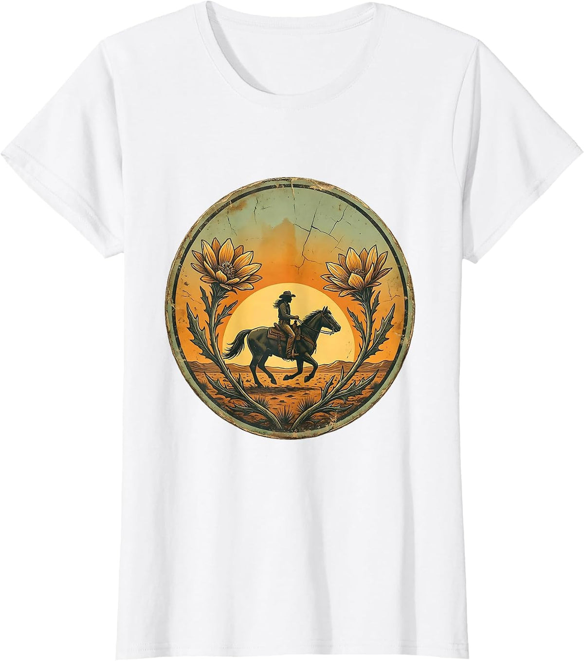 Lone Cowgirl on Horseback Desert Riding Graphic T-Shirt - White
