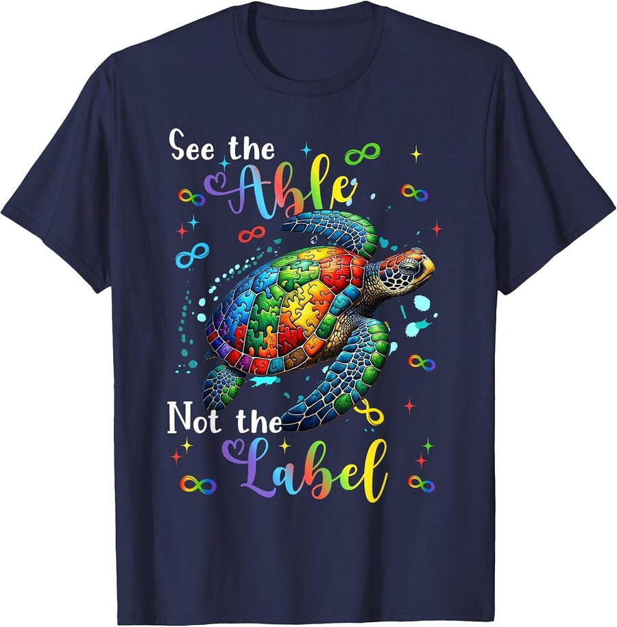 See The Able Not The Label Sea Turtle Autism Awareness Kids T-Shirt - Navy Blue