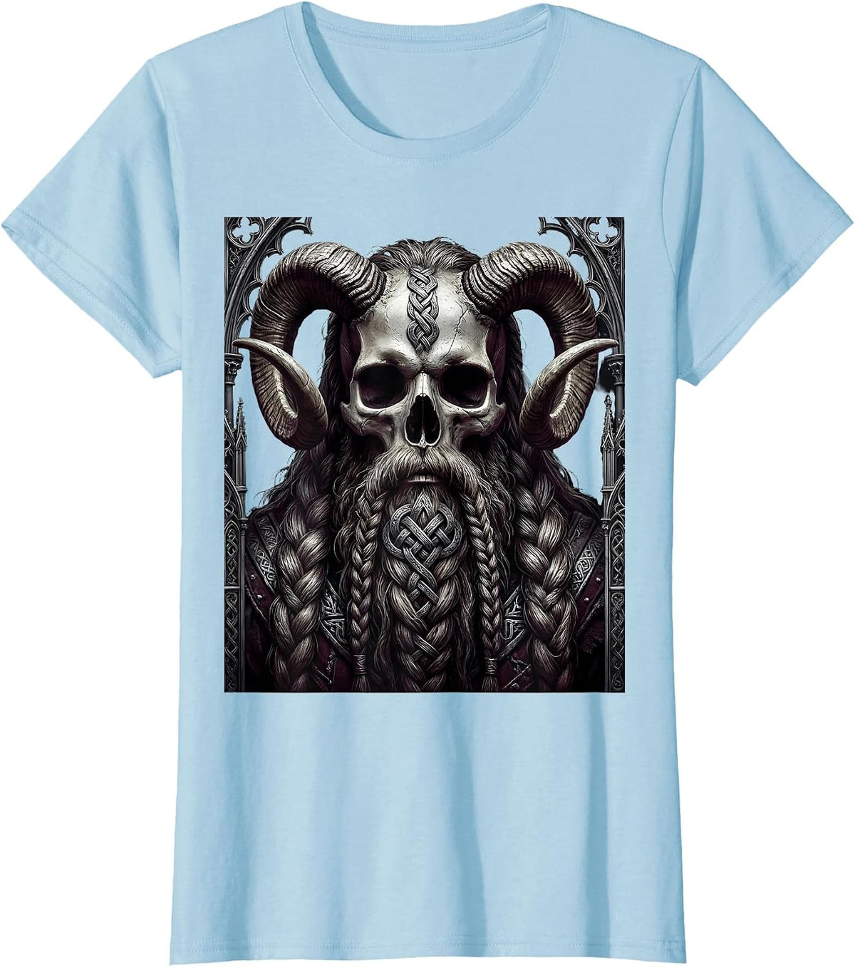 Viking Skull Bearded Horned Metal Graphic Design T-Shirt - Baby Blue