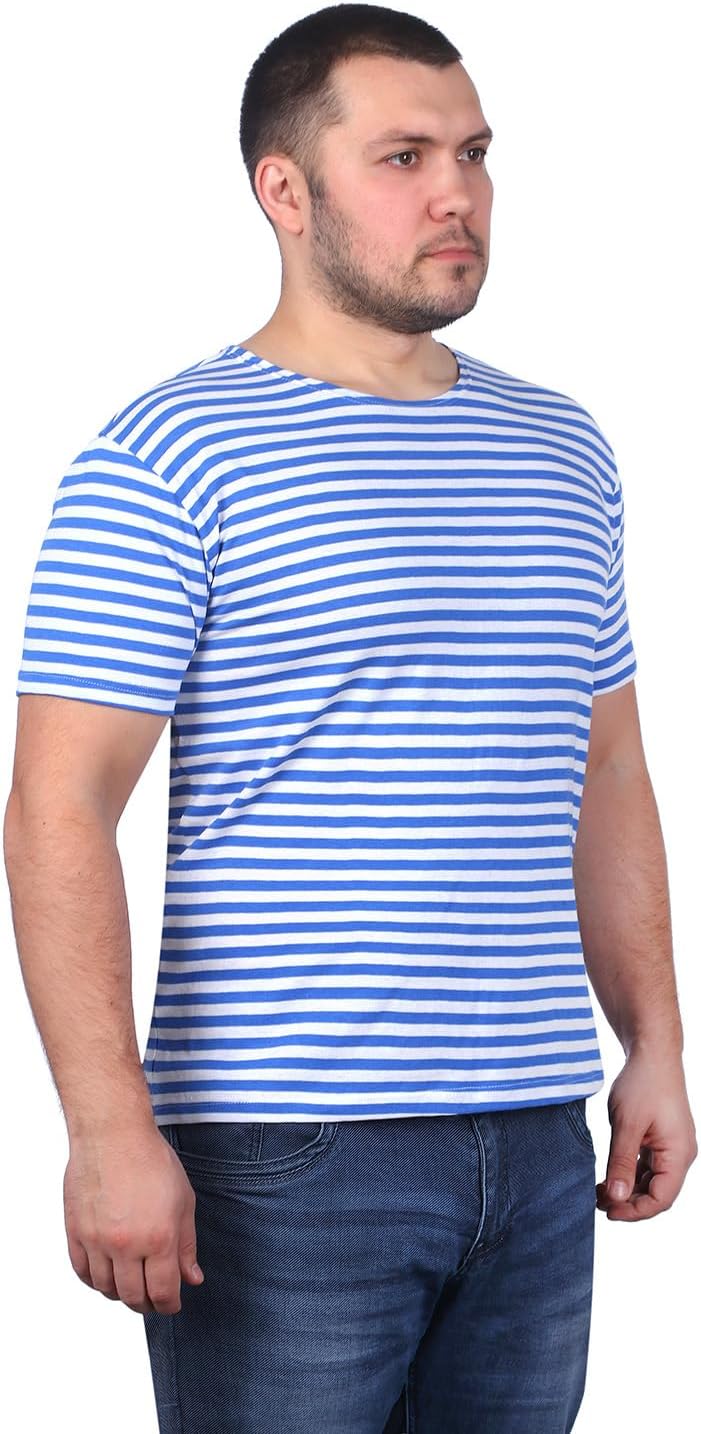 Genuine Men's Striped Short Sleeved T-Shirt Top 100% Cotton Light Blue Sailor Shirt Original Telnyashka Тельняшка - Light