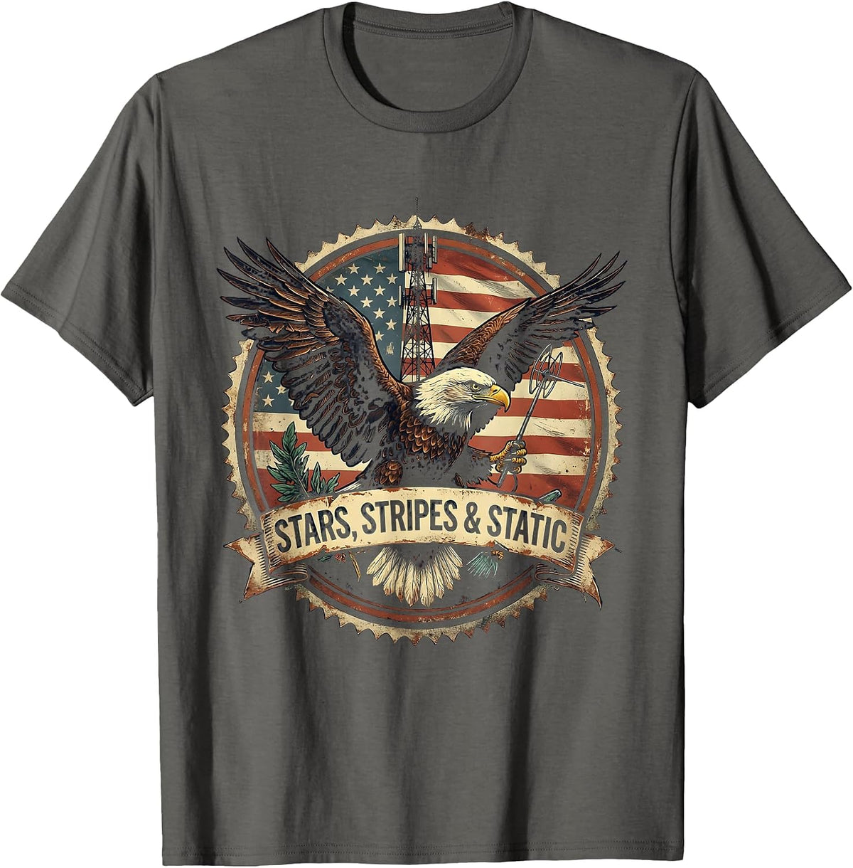 Stars, Stripes & Static Vintage Radio Design T-Shirt - Asphalt Grey