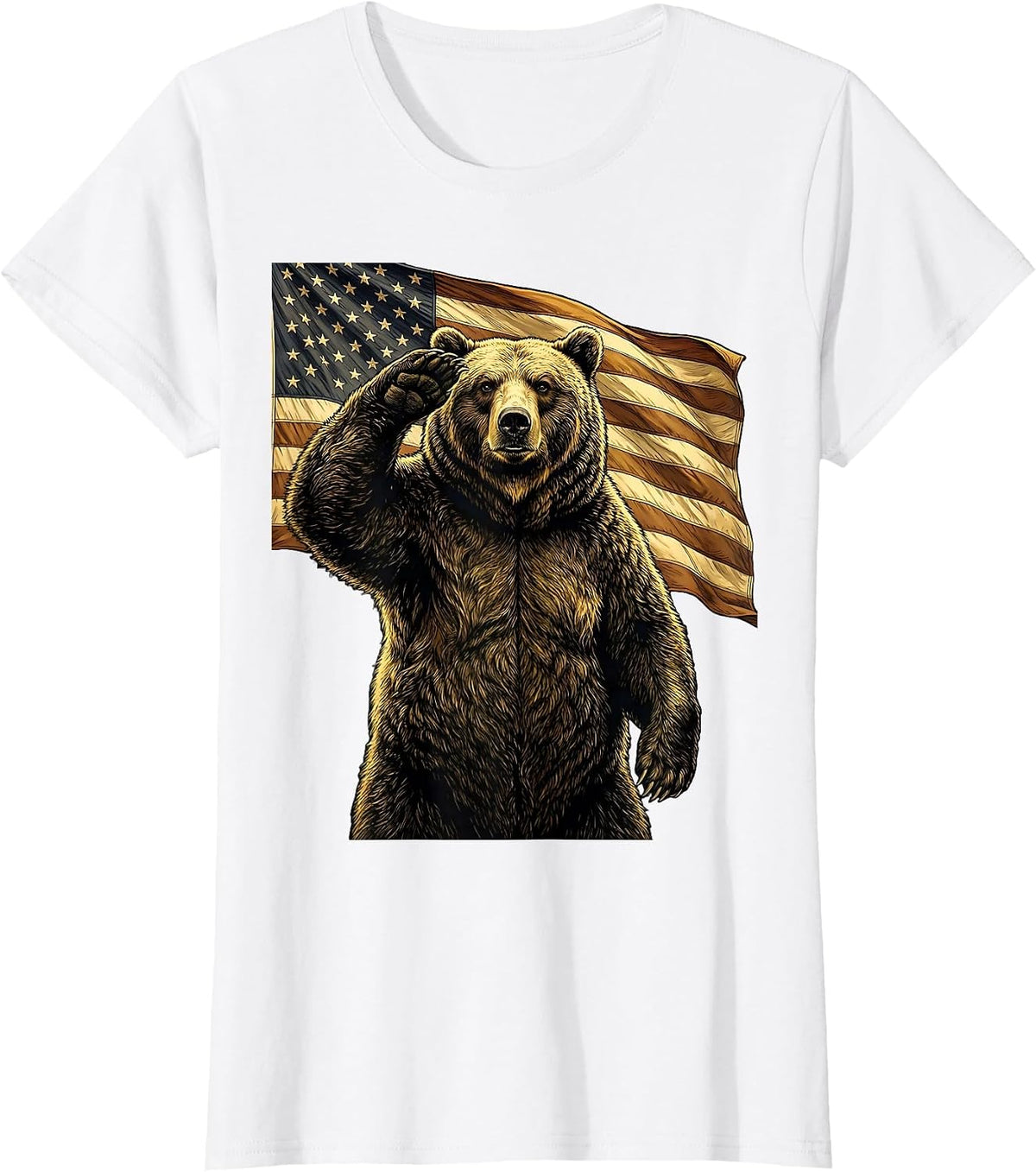 Patriotic Bear Waving American Flag Illustration T-Shirt - White