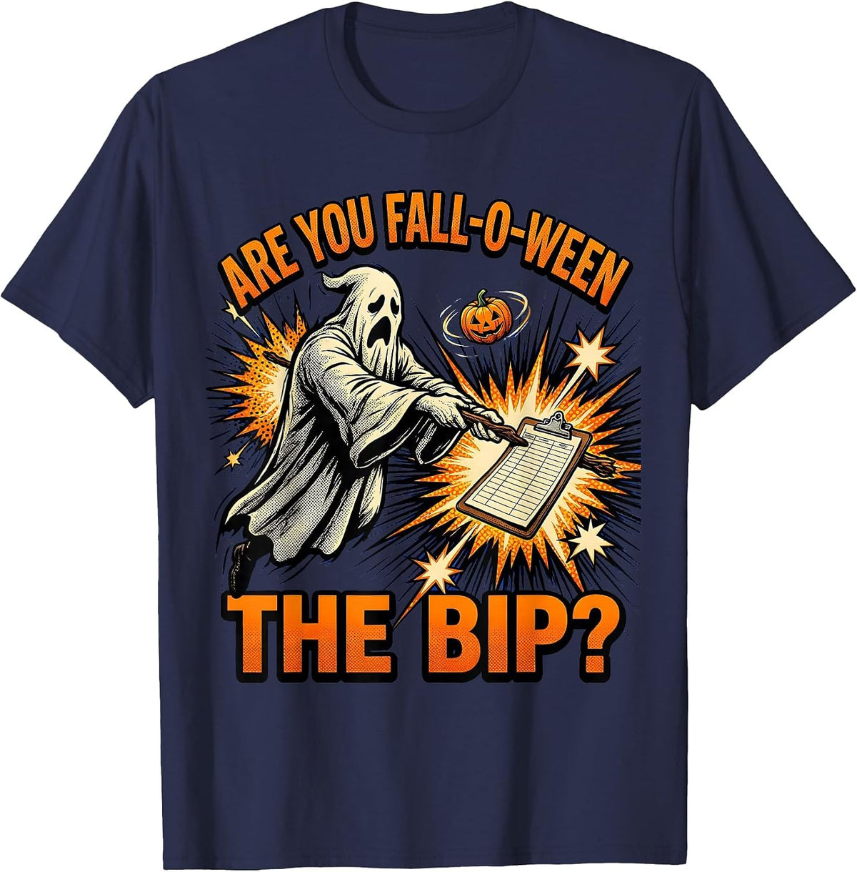 Are You Fall-O-Ween The BIP Comic Book Ghost Teacher T-Shirt - Navy Blue