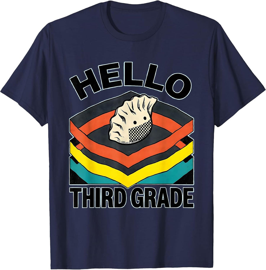 Hello, Third Grade Cute Dumpling Girl Back to School Teacher T-Shirt - Navy Blue
