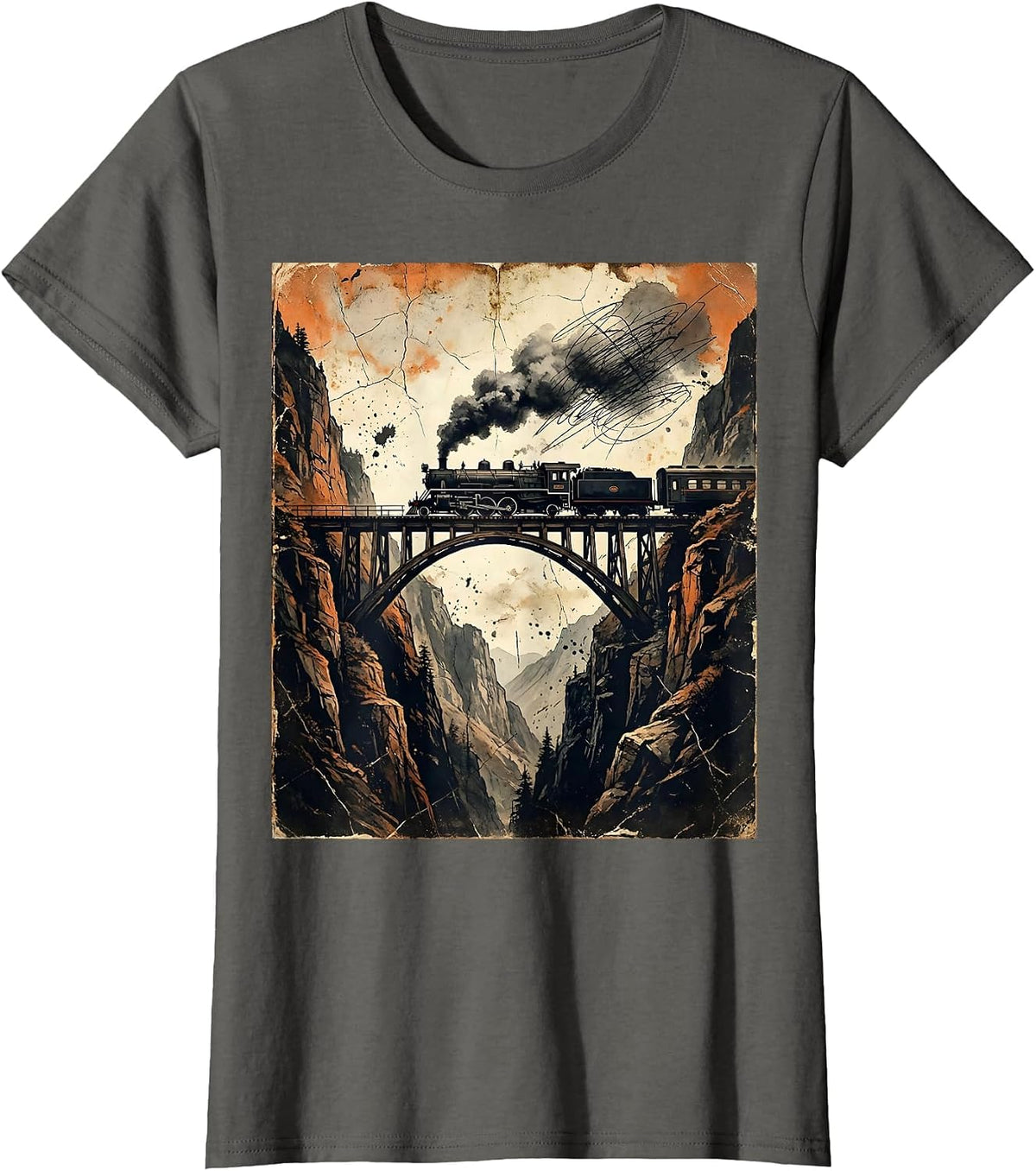 Women's Train Trestle Bridge Mountain Silhouette Graphic T-Shirt - Asphalt Grey