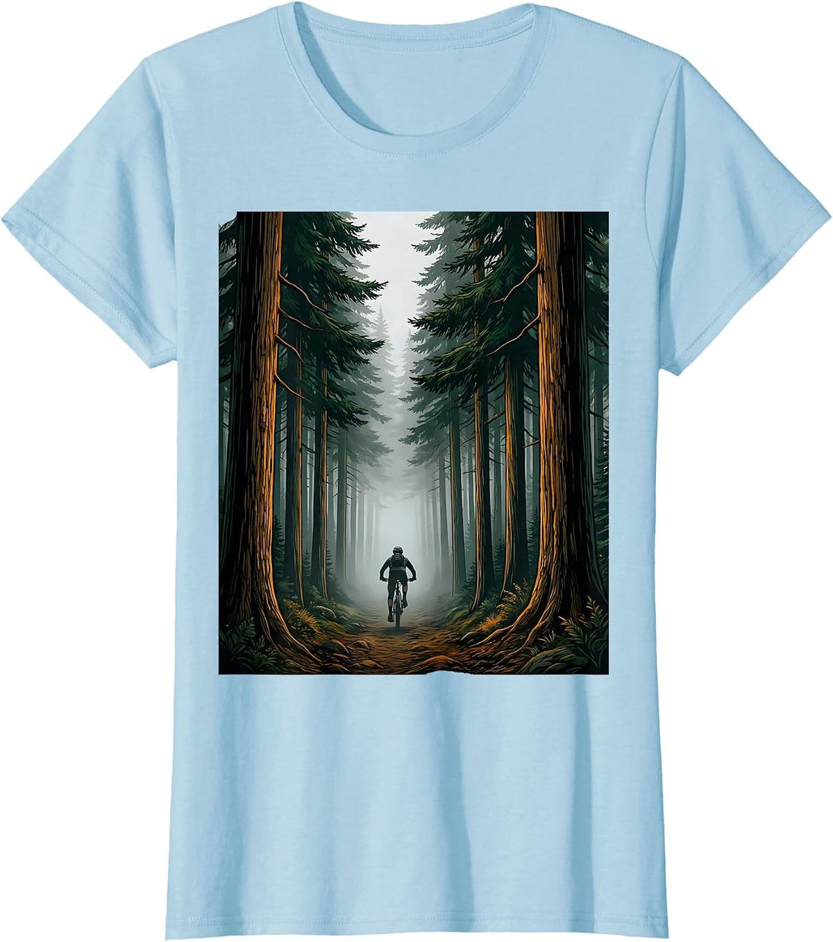 Mountain Biker Fading Into Misty Forest Graphic T-Shirt - Baby Blue