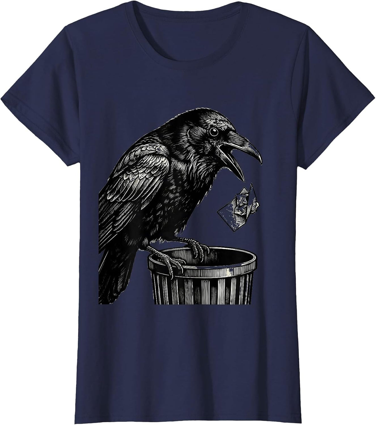 Women's Crow Dropping Pun Scratchboard Gothic Dark Humor T-Shirt - Navy Blue