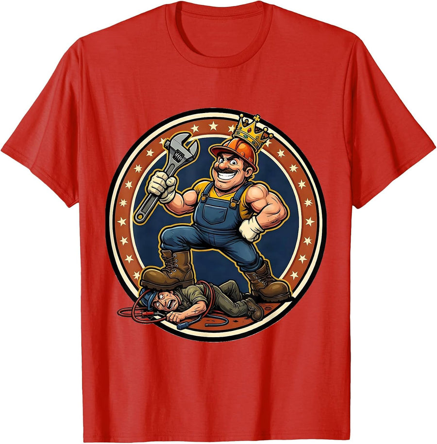 Men's Sealed Plumber Badge Cartoon Funny Occupation Humor T-Shirt - Red