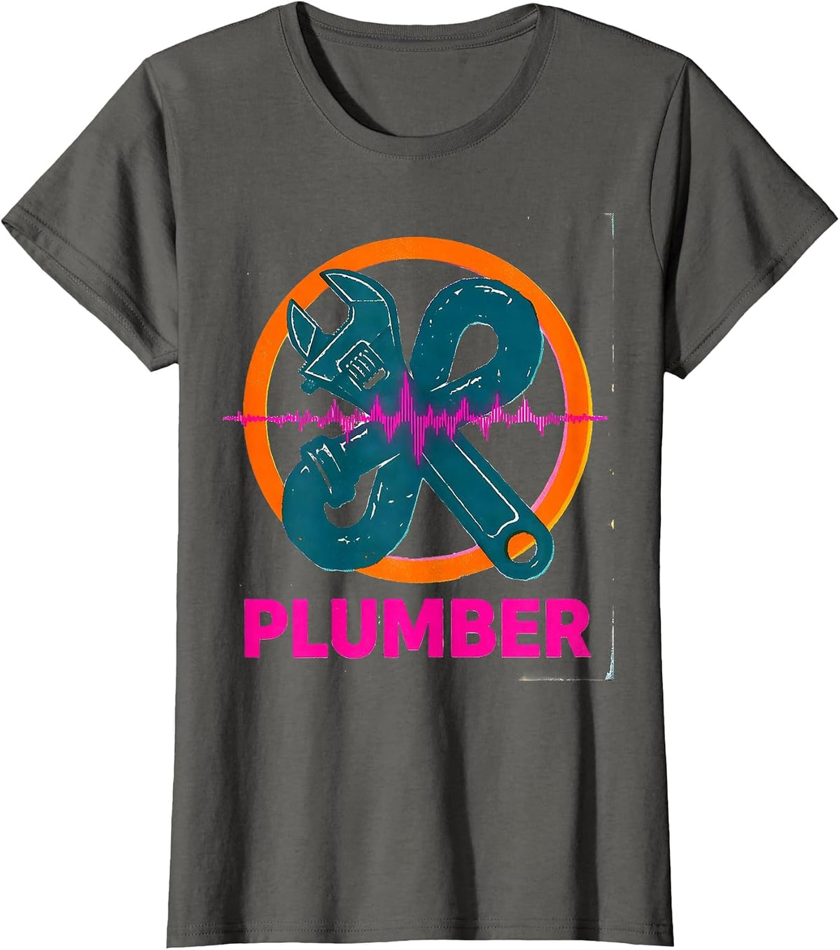 Women's Plumber Risograph Heartbeat Pulse Line Profession Identity T-Shirt - Asphalt Grey