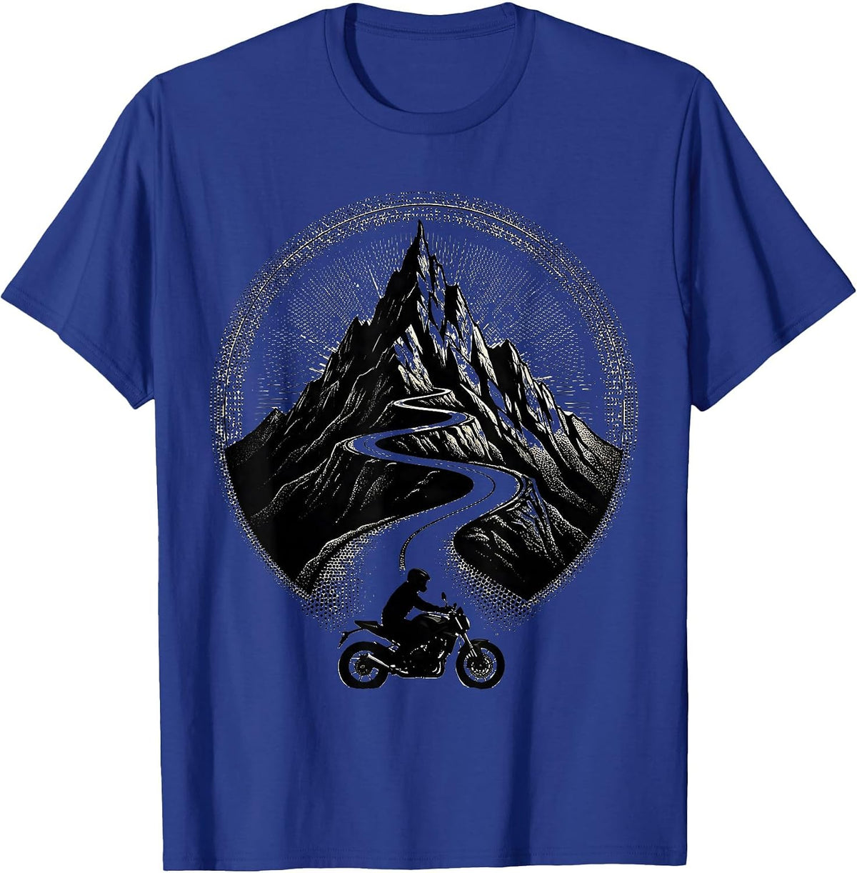 Mountain Road Lone Biker Scenic Riding Graphic T-Shirt - Royal Blue