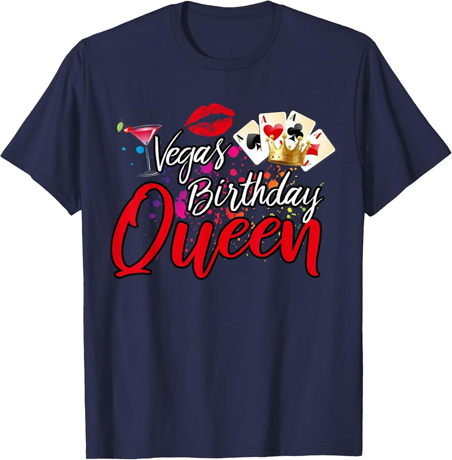 Vegas Birthday Queen Funny Friend Vacation Party Games B-Day T-Shirt - Navy Blue