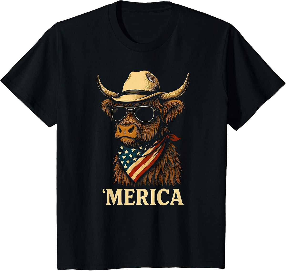 Highland Cow 4th July Merica America USA Cowboy Boys Girls T-Shirt - Black