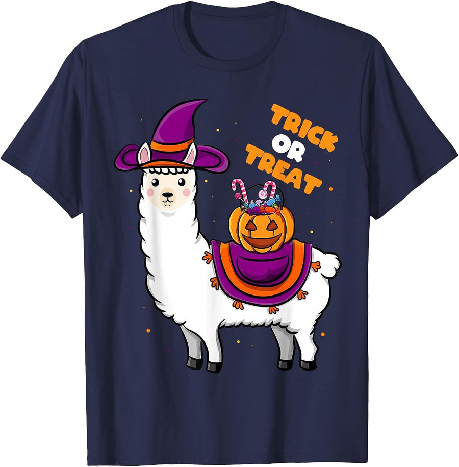 Halloween Cute Trick Or Treat Llama Witch Apparel Kids Girls T-Shirt - Navy Blue