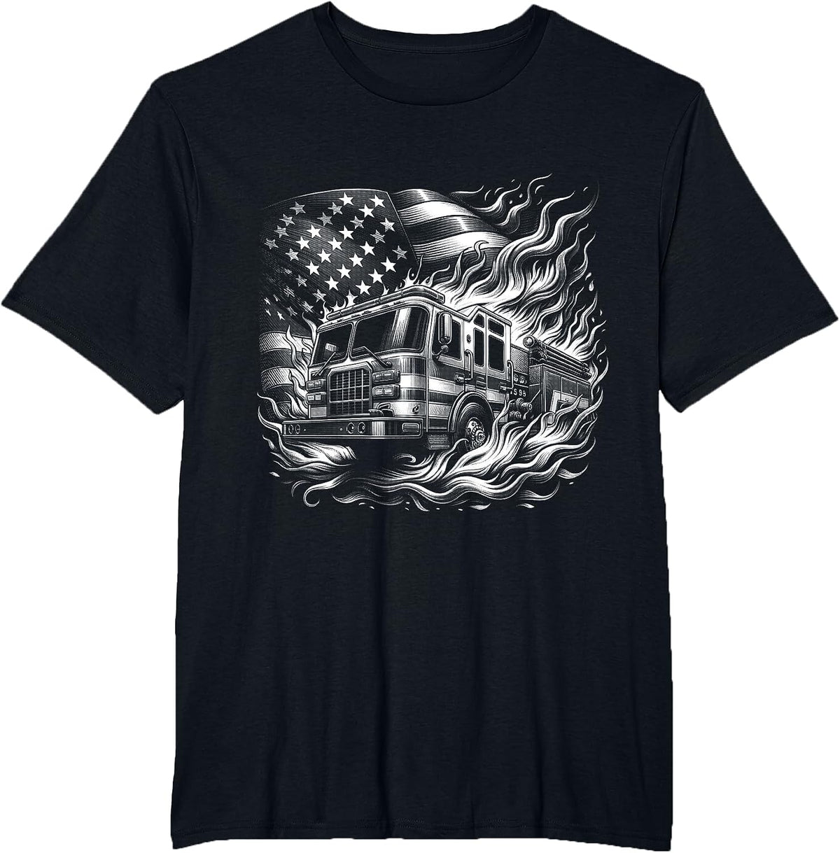 Firefighter Patriotic Fire Truck Fireman American Flag T-Shirt - Black