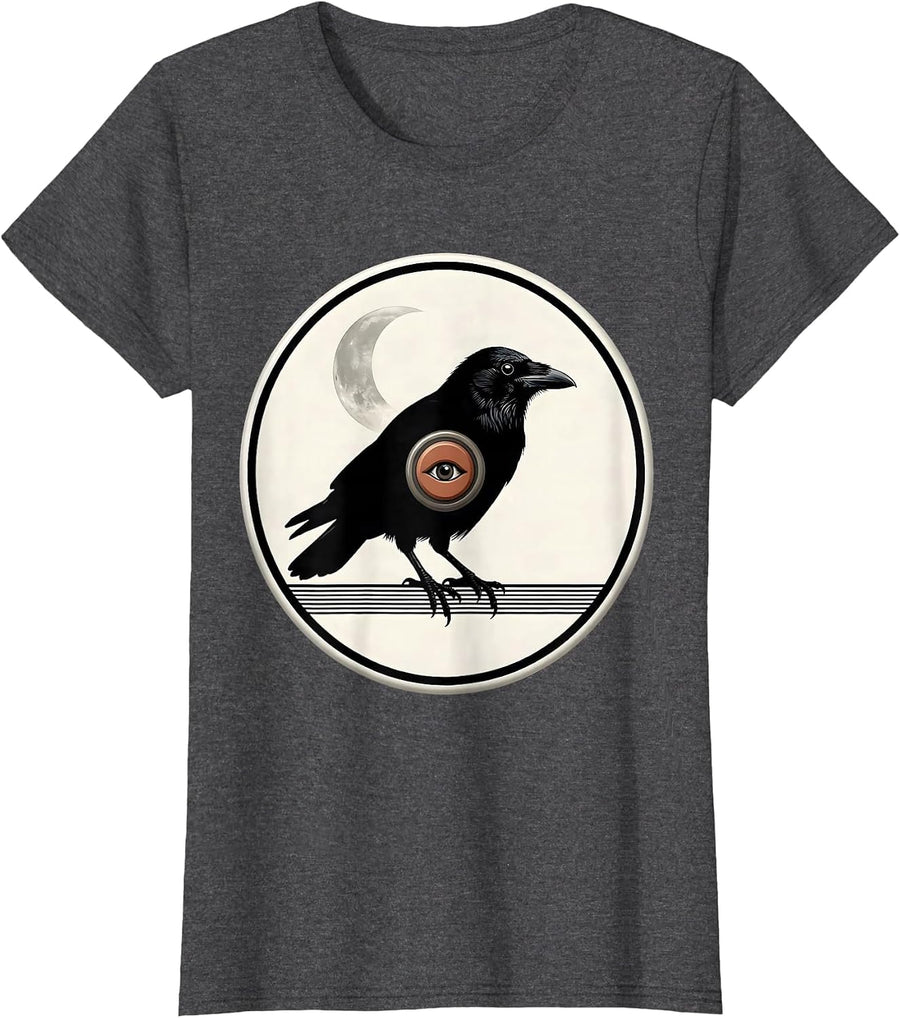 Women's Crow Doorbell Flat Silhouette Gothic Humor T-Shirt - Dark Heather Grey