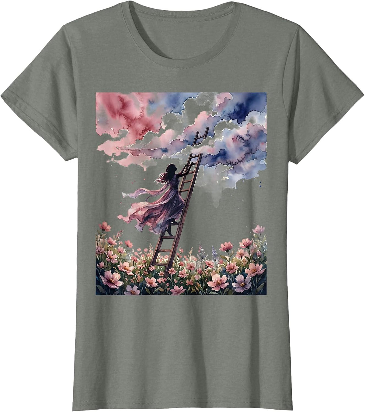 Woman Climbing Ladder Into Clouds College Art T-Shirt - Olive Heather