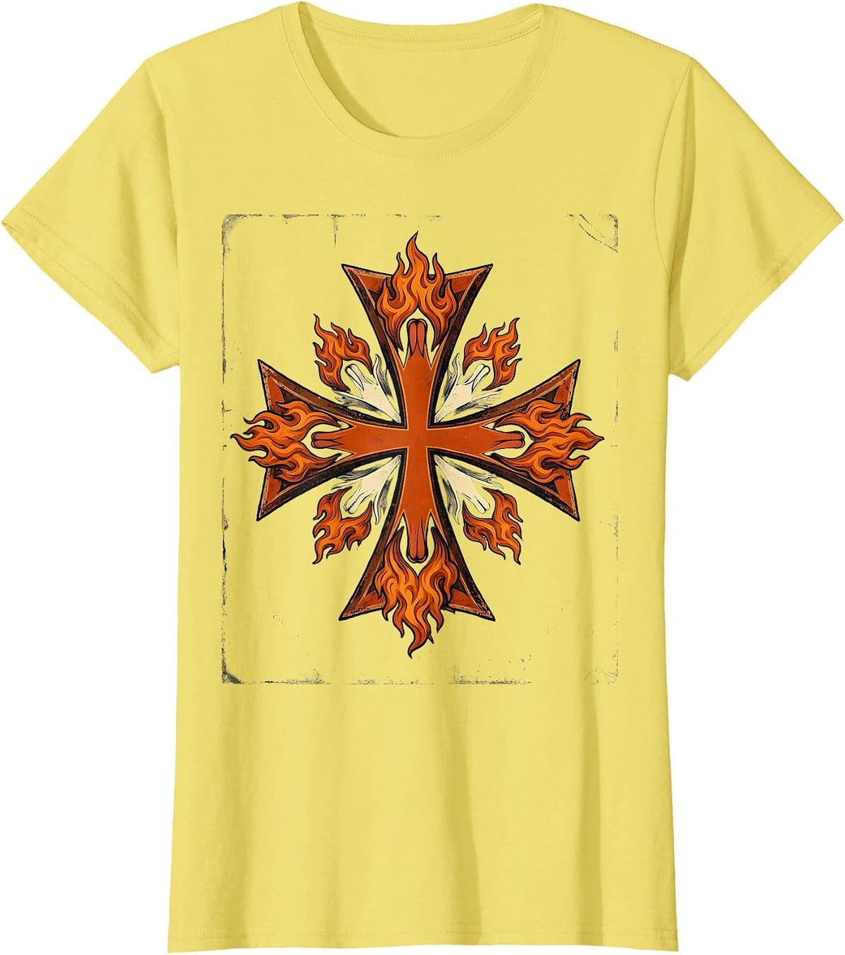 Firefighter Maltese Cross Flames Illustration T-Shirt - Lemon Yellow