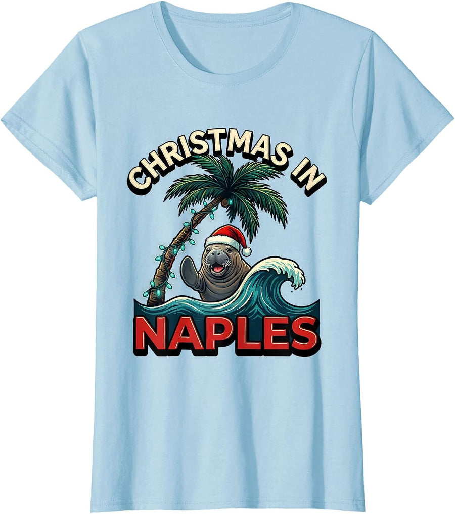 Women's Christmas In Naples Funny Tropical Beach Santa Hat Manatee T-Shirt - Baby Blue
