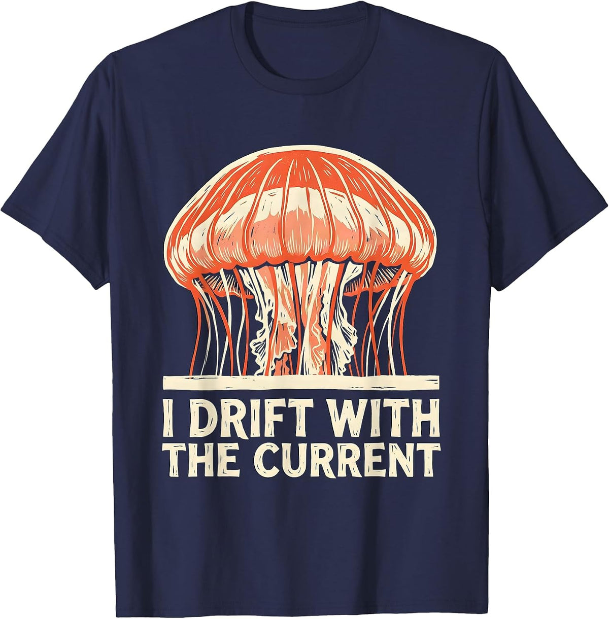 I Drift With The Current Linocut Jellyfish Ocean Lover T-Shirt - Navy Blue