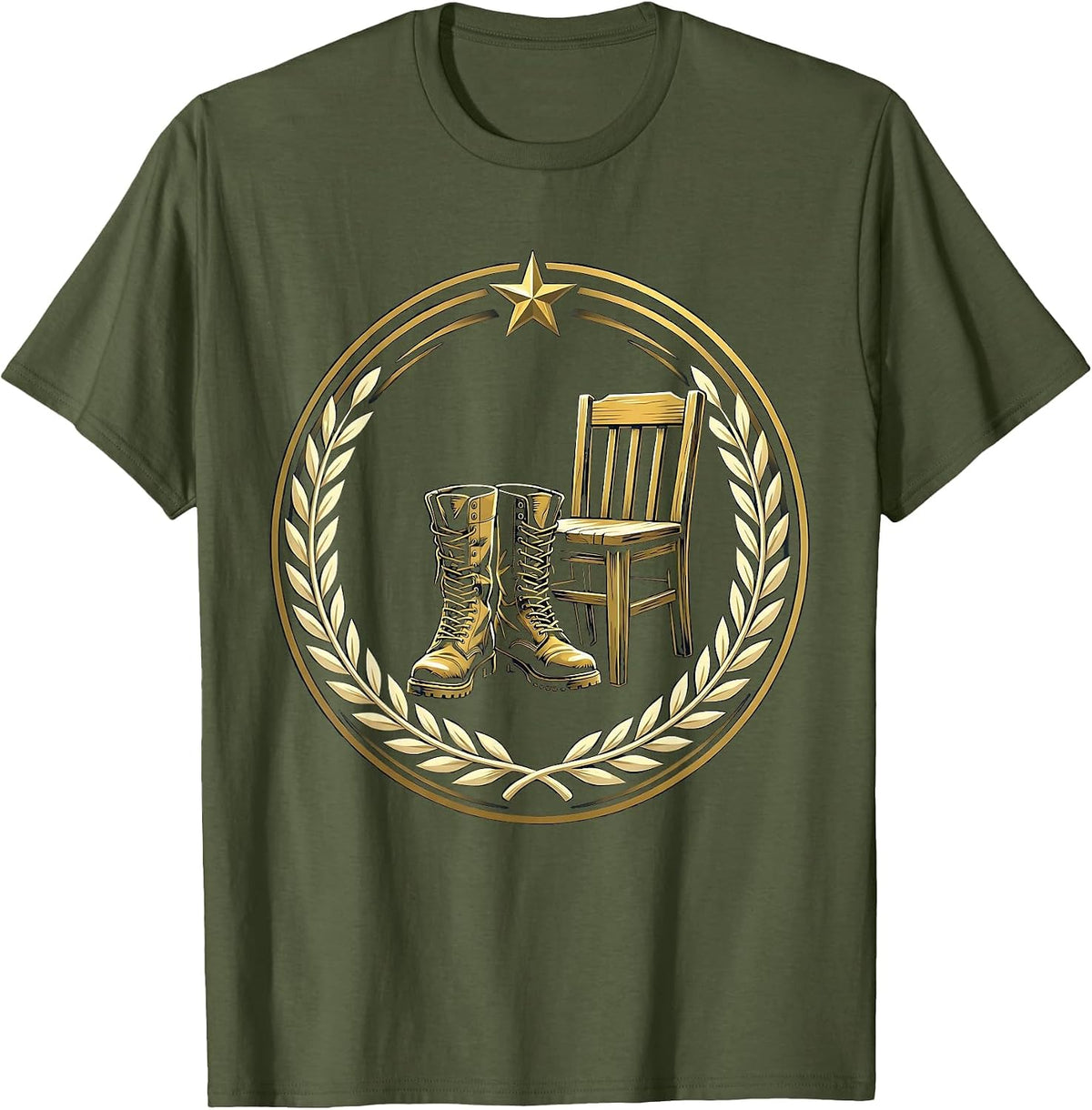 Combat Boots Empty Chair Memorial Tribute Graphic T-Shirt - Olive Green