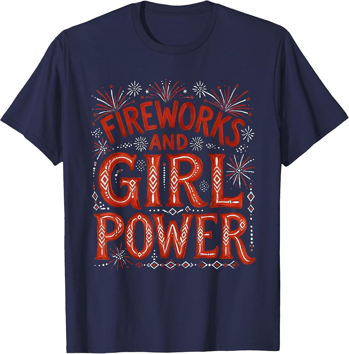 Fireworks and Girl Power Red White and Blue Design T-Shirt - Navy Blue
