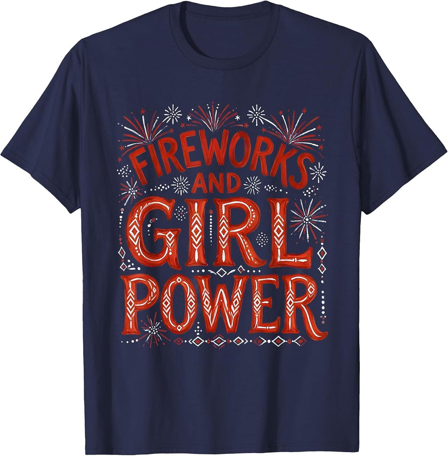 Fireworks and Girl Power Red White and Blue Design T-Shirt - Navy Blue