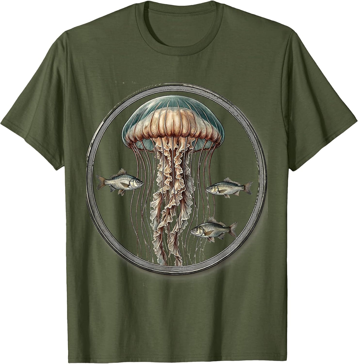 Glowing Jellyfish and Tiny Fish Ocean Design T-Shirt - Olive Green