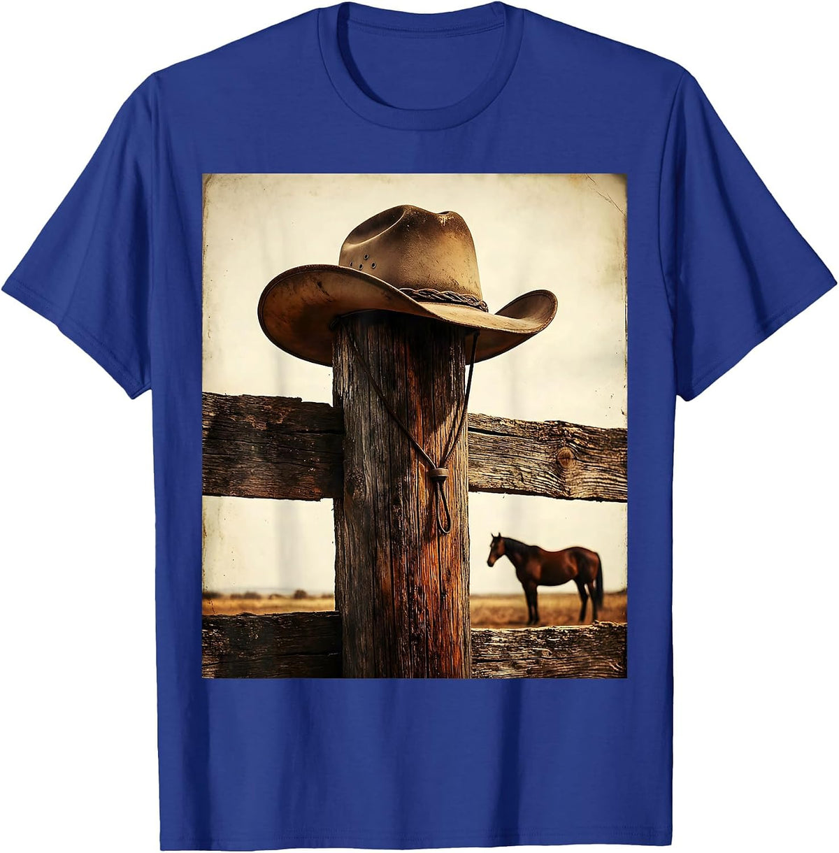Men's Cowboy Hat on Fence Post Western Horse Design T-Shirt - Royal Blue