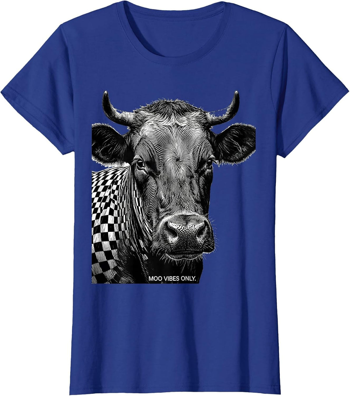 Women's Moo Vibes Only Cow Print Graphic Design T-Shirt - Royal Blue
