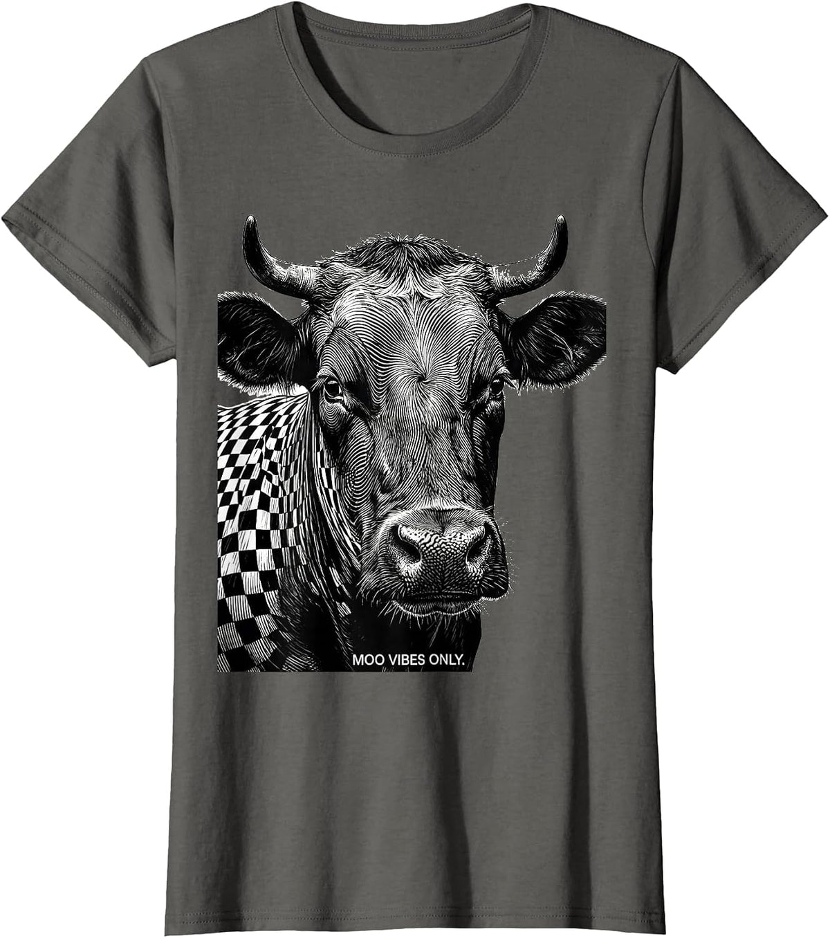 Women's Moo Vibes Only Cow Print Graphic Design T-Shirt - Asphalt Grey