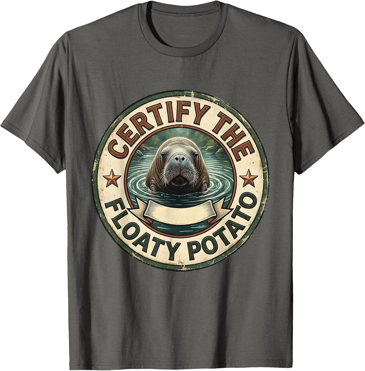 Certify The Floaty Potato Vintage Manatee Wildlife Lover T-Shirt - Asphalt Grey