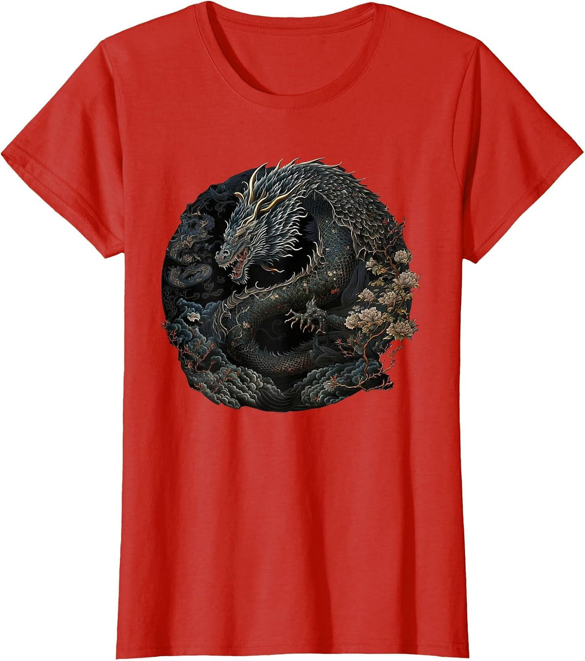 Japanese Art Print Dragon Japan Chinese Asian Graphic Print T-Shirt - Red