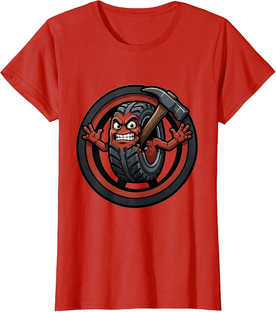 Women's Tire Iron Wedged in Split Tire Graphic T-Shirt - Red
