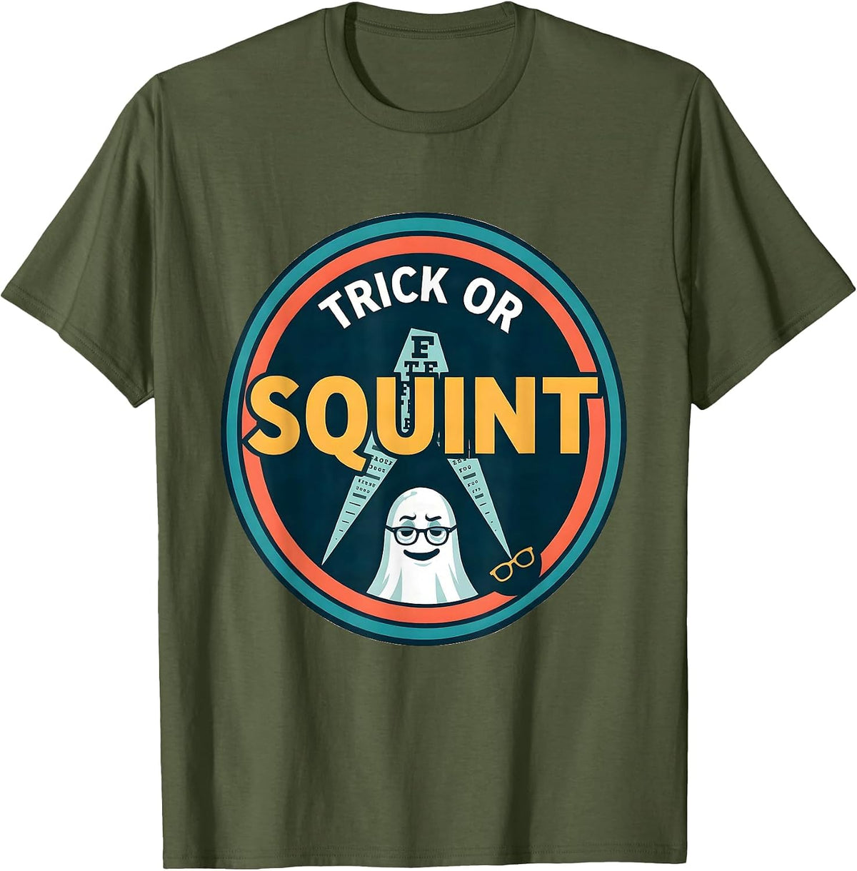 Men's Trick Or Squint Funny Optometrist Halloween Boo Crew Costume T-Shirt - Olive Green