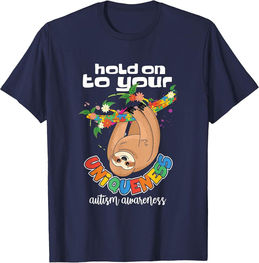Autism Awareness Uniqueness Sloth Puzzle Autistic Tolerance T-Shirt - Navy Blue